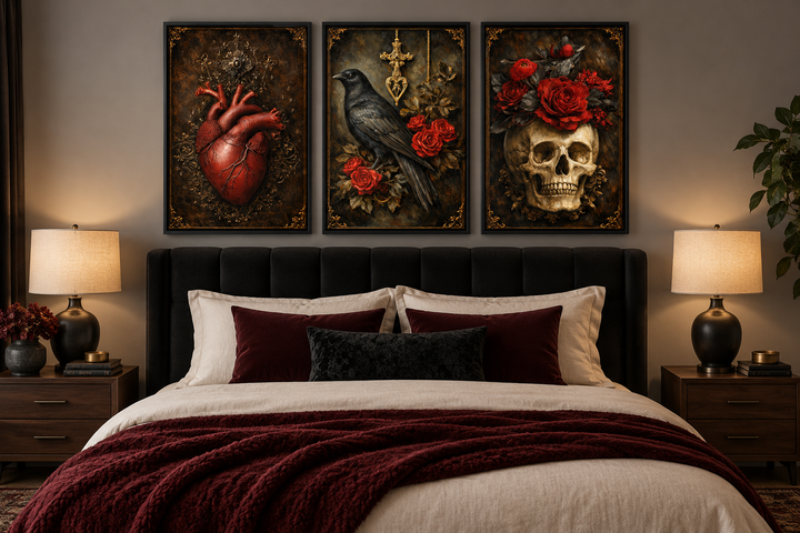 Gothic wall art set of 3 featuring a raven, skull, and anatomical heart above a bed.