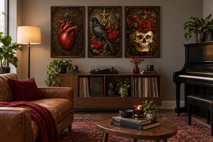 Gothic wall art set of 3 featuring a red anatomical heart, a black raven, and a skull with roses.