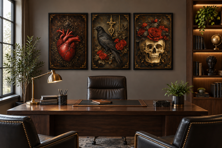 Triptych of gothic wall art featuring a red heart, a raven, and a skull above a dark wood desk.