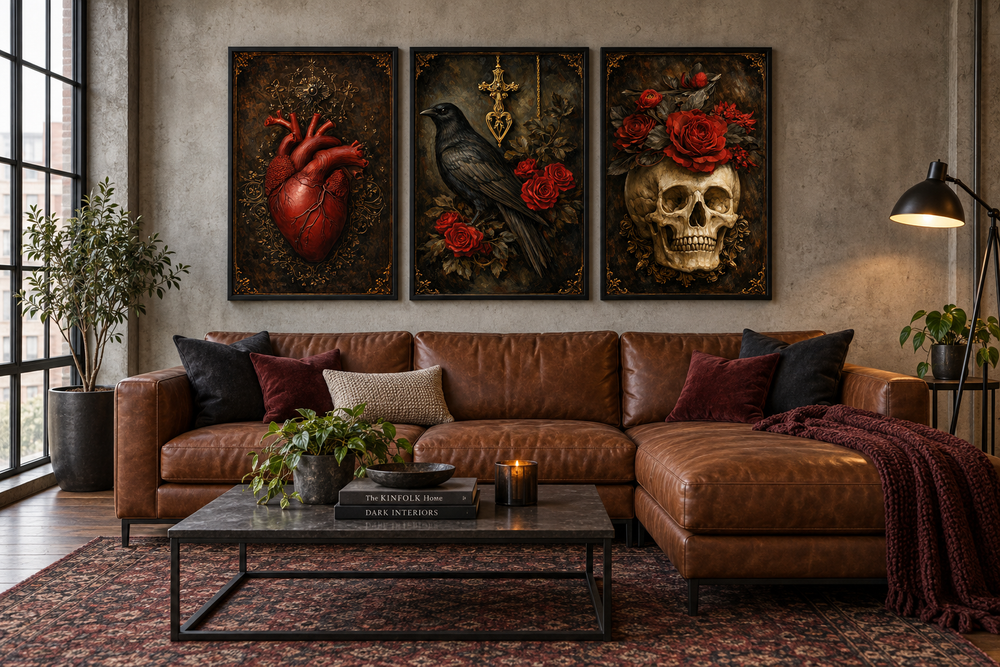 Gothic wall art set of 3 featuring a raven, skull, and anatomical heart above a brown leather sofa.