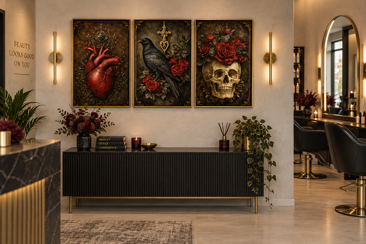 Gothic wall art set of 3 featuring a red anatomical heart, a raven, and a skull with red roses.