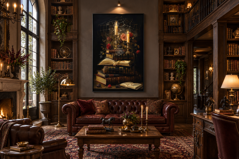 Gothic framed canvas wall art of vintage books, candles, and a spider web in a dark library room.