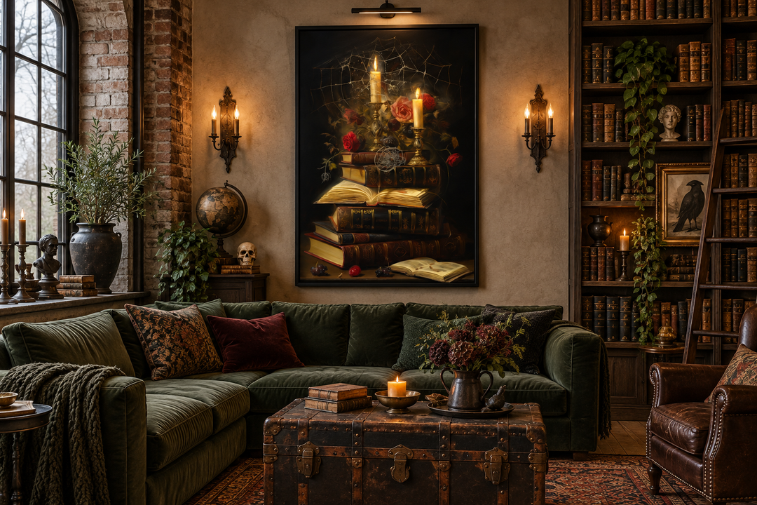 Gothic framed canvas wall art of vintage books, candles, and spider webs in a dark academia room.