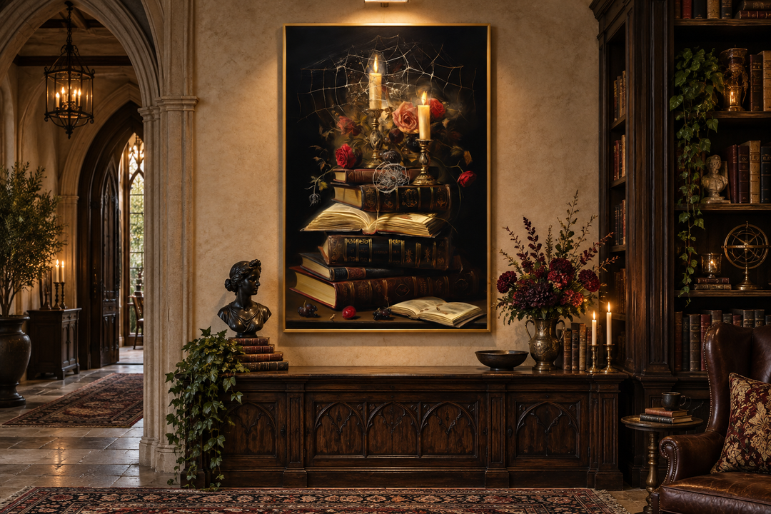 Gothic framed canvas wall art featuring a stack of vintage books, candles, and a spider web.