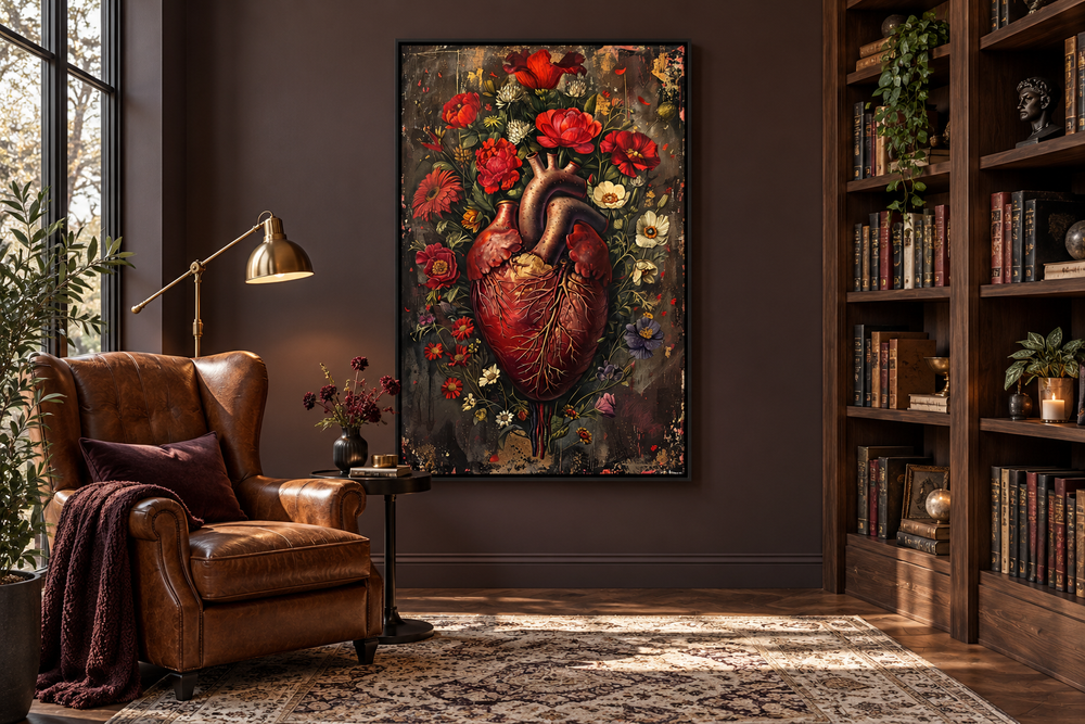 Gothic human heart and flowers framed wall art in a dark library setting with a leather armchair.