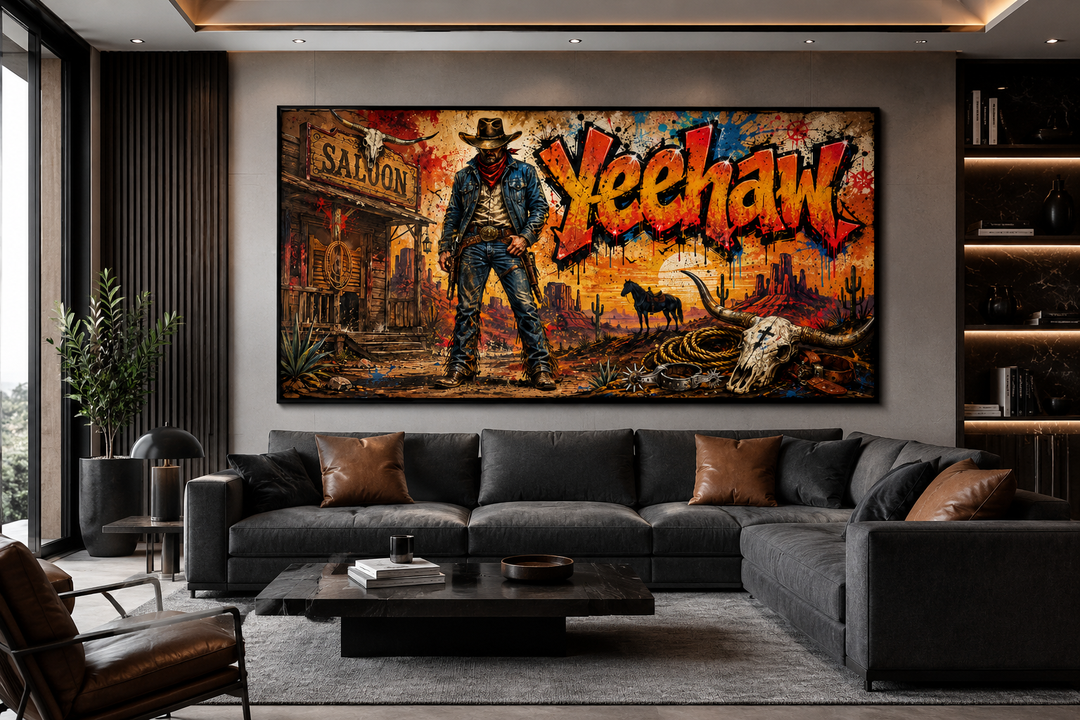 Graffiti cowboy canvas art with Yeehaw text above a dark sofa in a modern living room.