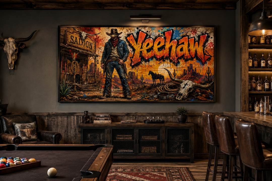 Graffiti Cowboy Yeehaw Western framed canvas wall art in a rustic man cave with a pool table.