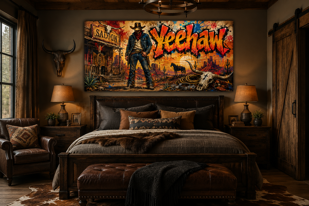Graffiti Cowboy Yeehaw Western framed canvas wall art hanging above a bed in a rustic bedroom.