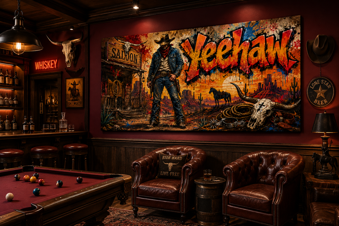 Graffiti Cowboy Yeehaw Western Framed Canvas Wall Art in a rustic man cave with leather armchairs.