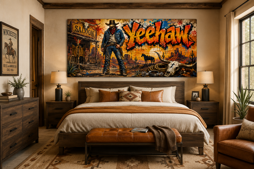 Graffiti Cowboy Yeehaw Western Framed Canvas Wall Art hanging above a bed in a rustic bedroom.