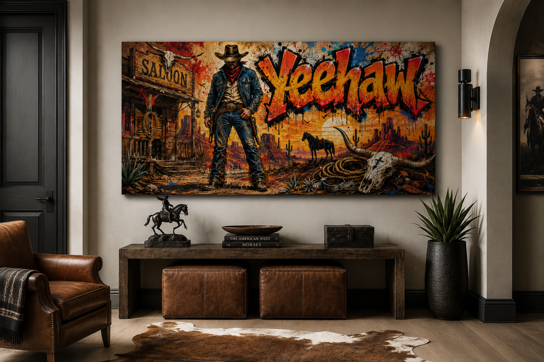 Graffiti Cowboy Yeehaw Western framed canvas wall art displayed above a console in a man cave.