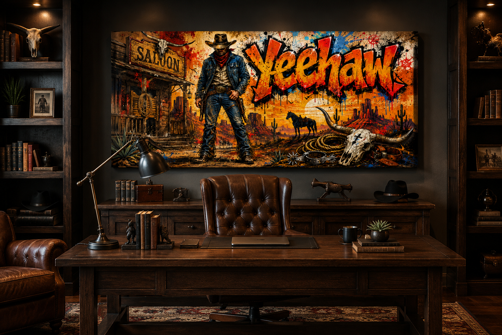 Graffiti Cowboy Yeehaw Western framed canvas wall art hanging above a desk in a masculine office.