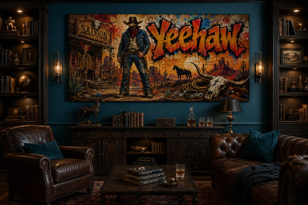 Graffiti Cowboy Yeehaw Western framed canvas wall art in a masculine man cave with leather seating.