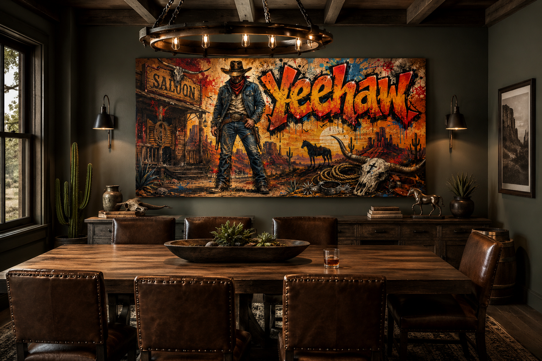 Graffiti Cowboy Yeehaw Western framed canvas wall art in a rustic dining room setting.
