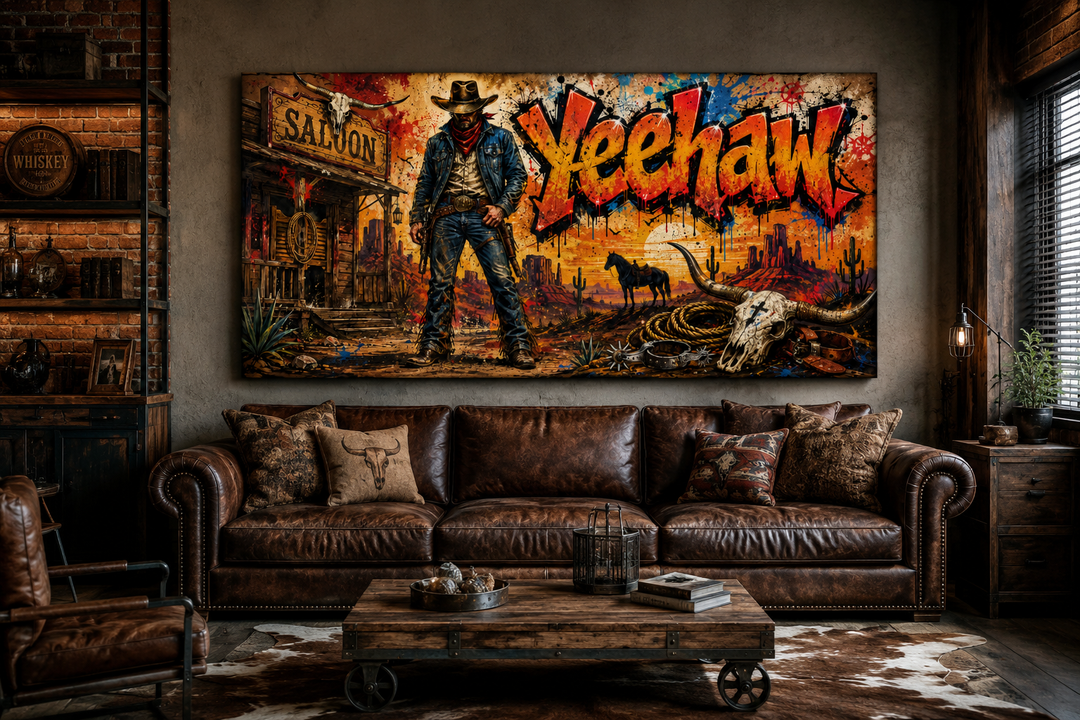 Graffiti Cowboy Yeehaw Western framed canvas wall art above a leather sofa in a rustic room.