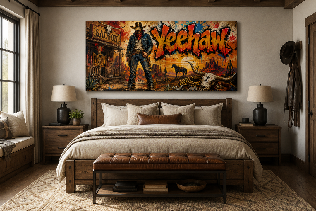 Graffiti Cowboy Yeehaw Western framed canvas wall art hanging above a bed in a rustic bedroom.