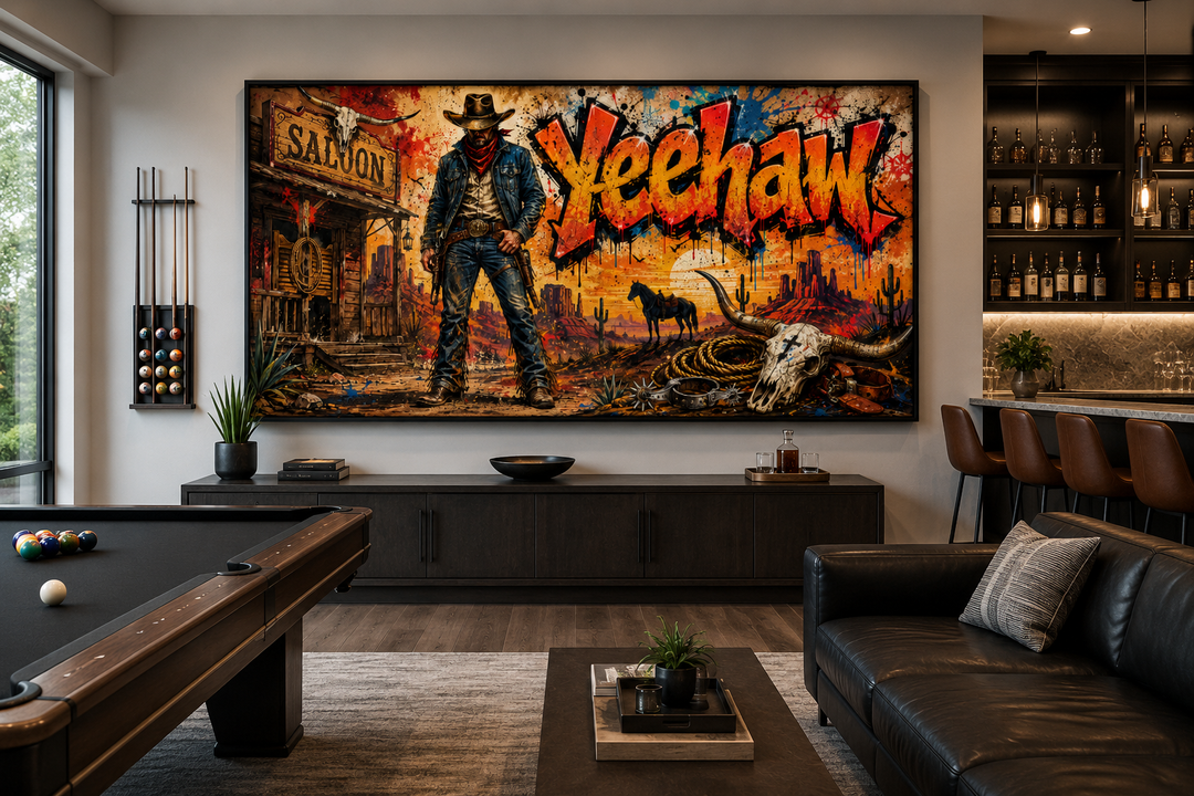 Graffiti Cowboy Yeehaw Western framed canvas wall art displayed in a modern man cave game room.