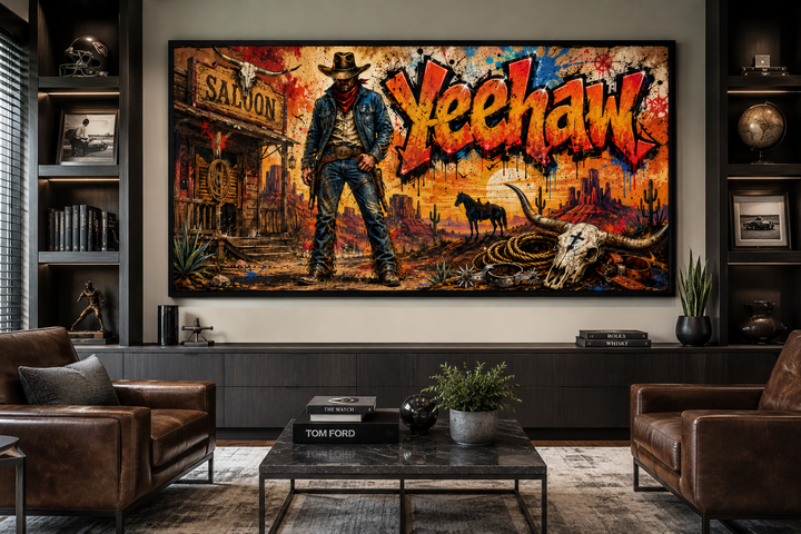 Graffiti Cowboy Yeehaw Western framed canvas wall art in a modern masculine living room.