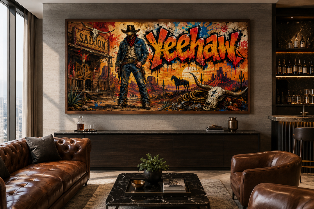 Graffiti Cowboy Yeehaw Western framed canvas wall art in a modern living room with leather seating.