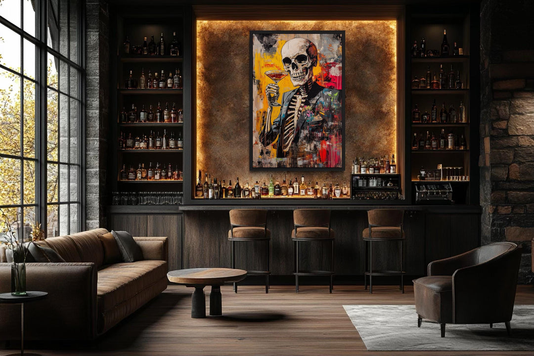Graffiti skeleton skull with martini glass framed canvas wall art in a modern home bar setting.