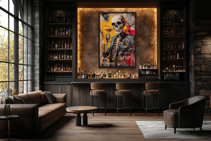 Graffiti skeleton skull with martini glass framed canvas wall art in a modern home bar setting.