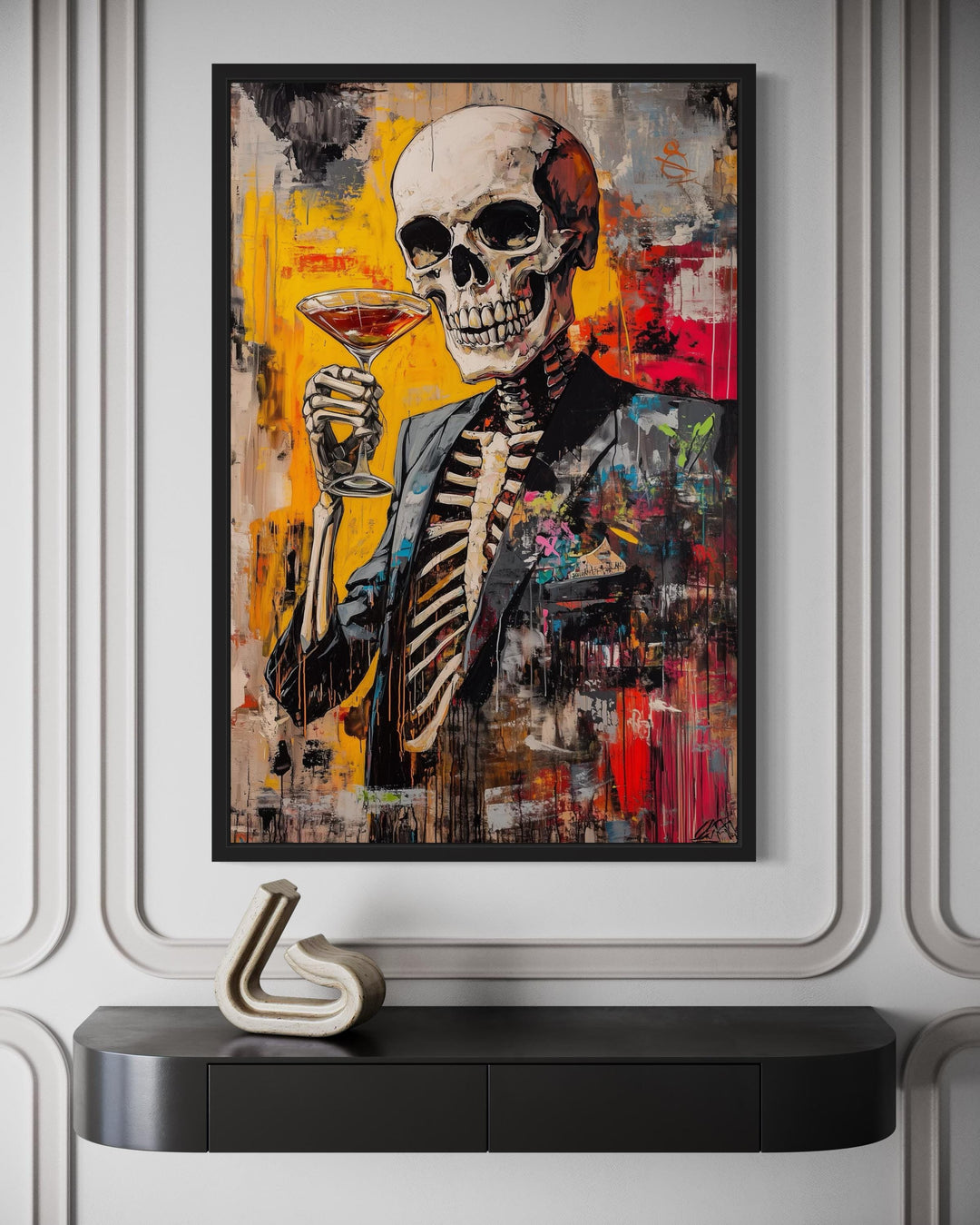 Graffiti skeleton skull in a suit holding a martini glass framed canvas wall art.