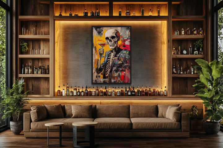 Graffiti skeleton skull with martini glass framed canvas wall art in a modern home bar setting.