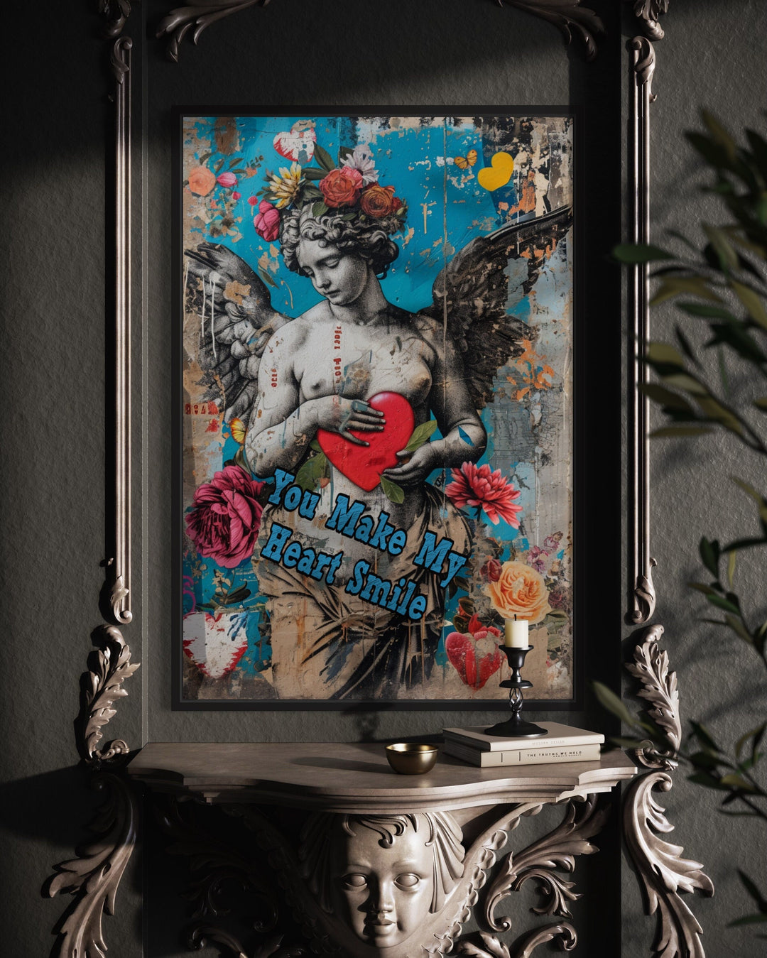 Graffiti Style Cupid Heart Romantic Framed Canvas Wall Art