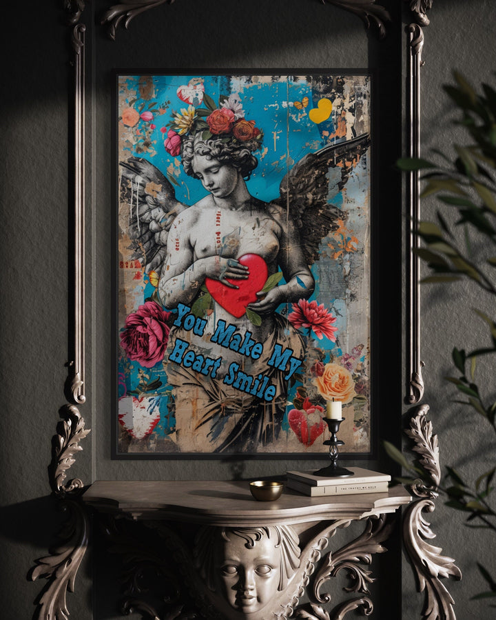 Graffiti Style Cupid Heart Romantic Framed Canvas Wall Art