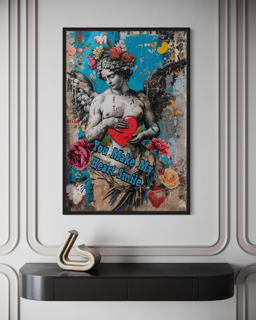 Graffiti Style Cupid Heart Romantic Framed Canvas Wall Art