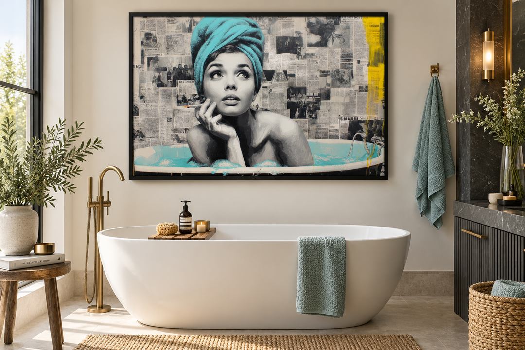 Modern bathroom with a smoking woman in a bathtub canvas print above a white freestanding tub.