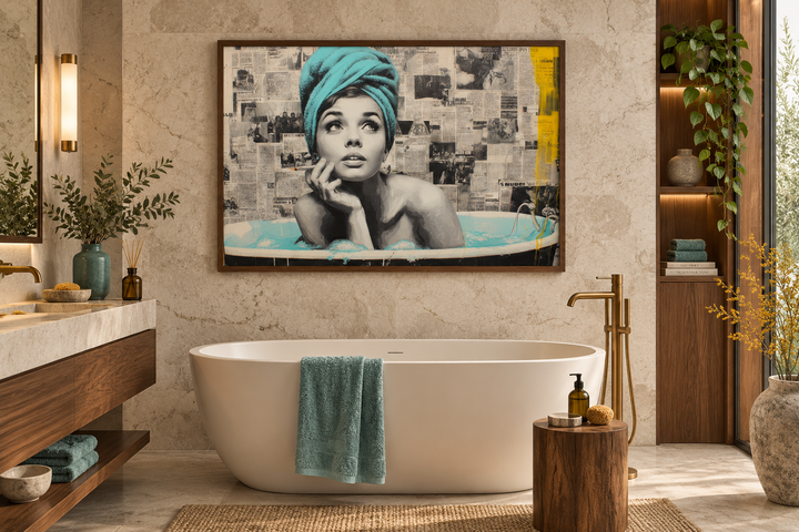 Smoking woman in bathtub wall art with teal towel in a modern bathroom with a freestanding tub.