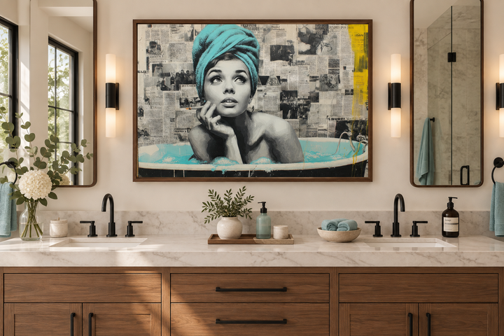 Smoking woman in bathtub canvas art above a double vanity with wood cabinets and marble countertop.