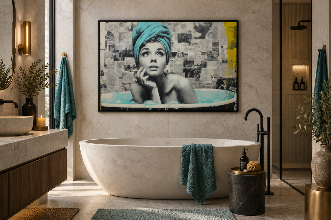Modern bathroom with a smoking woman in a bathtub pop art canvas print above a stone soaking tub.