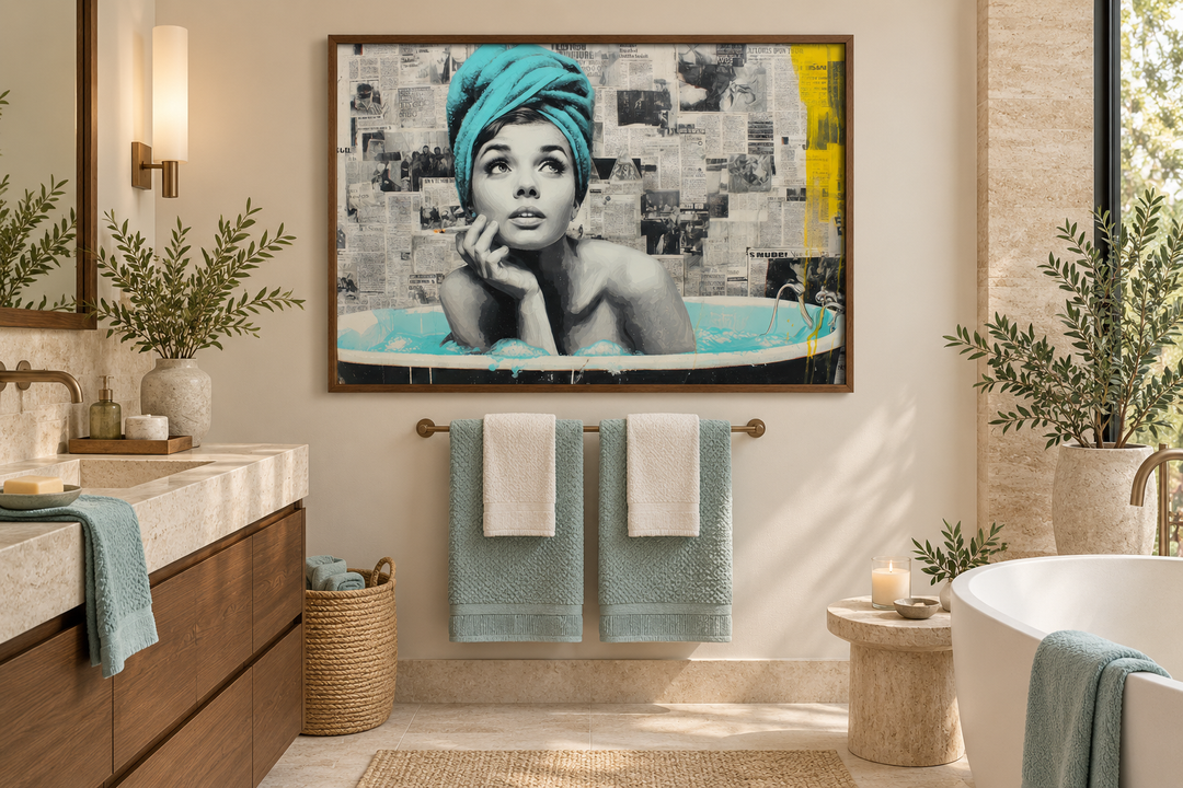 Modern bathroom with a framed pop art canvas of a woman in a bathtub with a teal head towel.