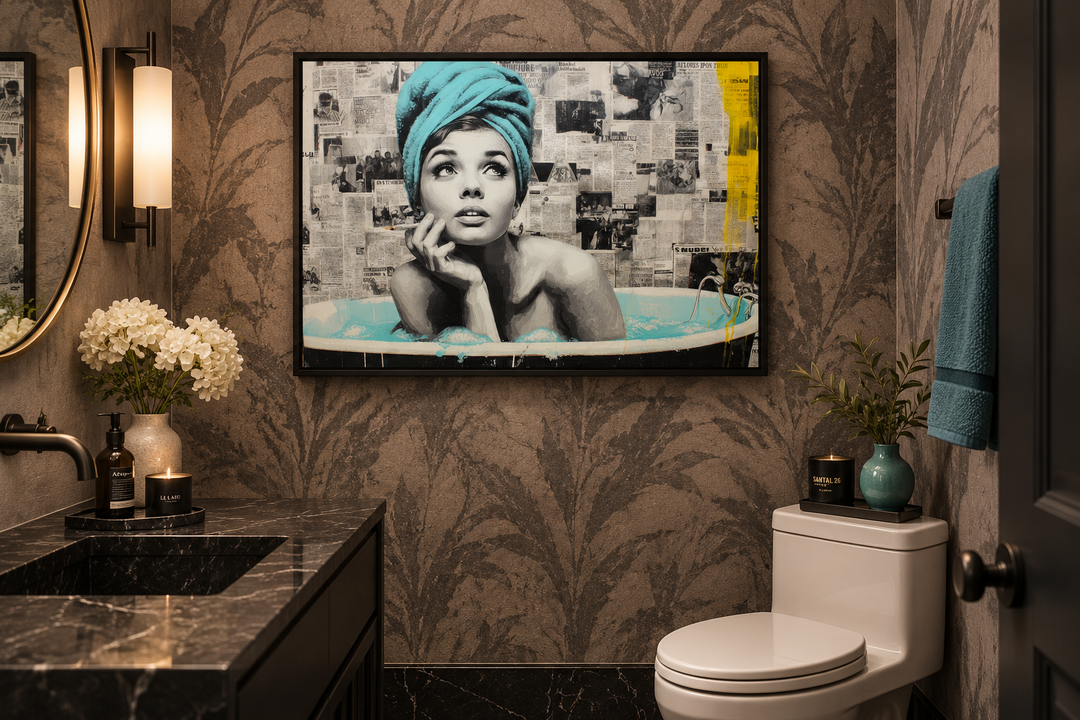 Modern bathroom featuring a framed pop art canvas of a woman in a bathtub with a teal towel.
