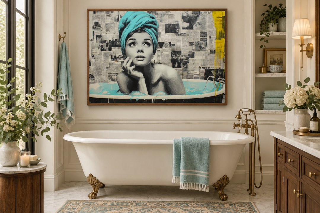Modern pop art canvas of a smoking woman in a bathtub with a teal towel above a clawfoot tub.