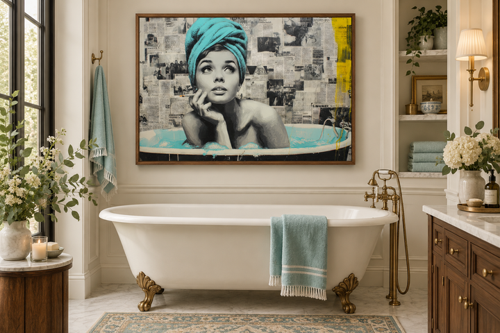 Modern pop art canvas of a smoking woman in a bathtub with a teal towel above a clawfoot tub.