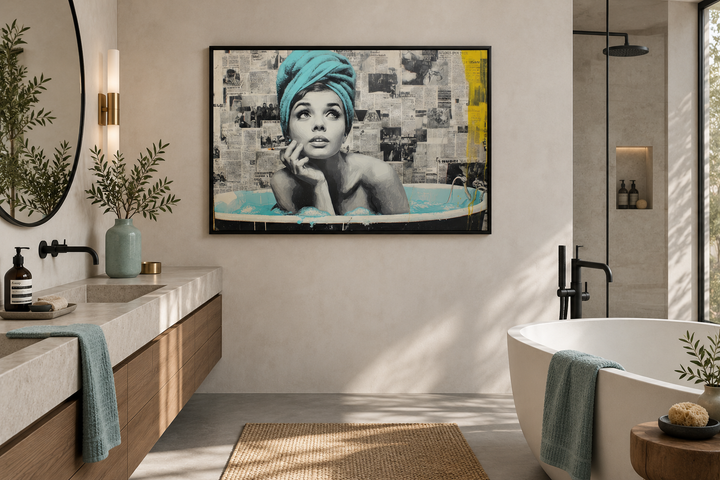 Modern bathroom featuring a pop art canvas of a smoking woman in a bathtub with a teal towel.