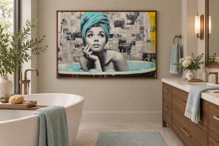 Modern bathroom featuring a pop art canvas of a woman in a bathtub with a teal towel wrap.