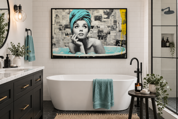 Smoking woman in bathtub wall art with teal towel in a modern bathroom with black vanity.