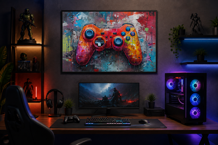 Framed graffiti canvas art of a colorful game controller hanging above a modern gaming setup.