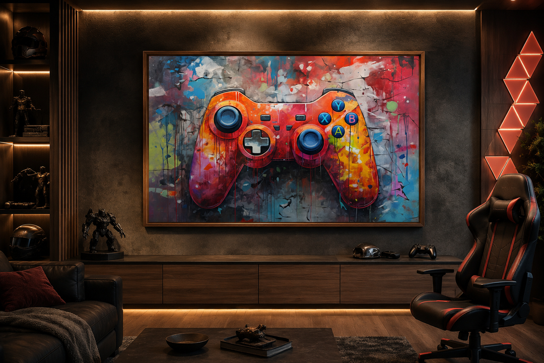 Framed canvas wall art featuring a colorful graffiti painting of a game controller in a game room.