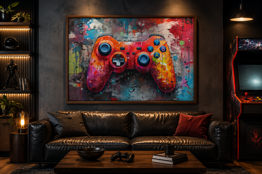 Framed graffiti painting of a game controller on a wall above a black leather sofa in a game room.