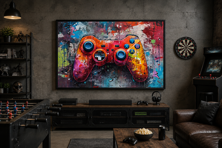 Framed graffiti-style canvas wall art of a colorful game controller in a modern game room.