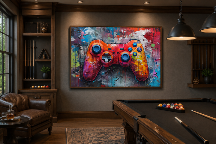 Framed graffiti-style canvas art of a colorful game controller hanging in a modern game room.