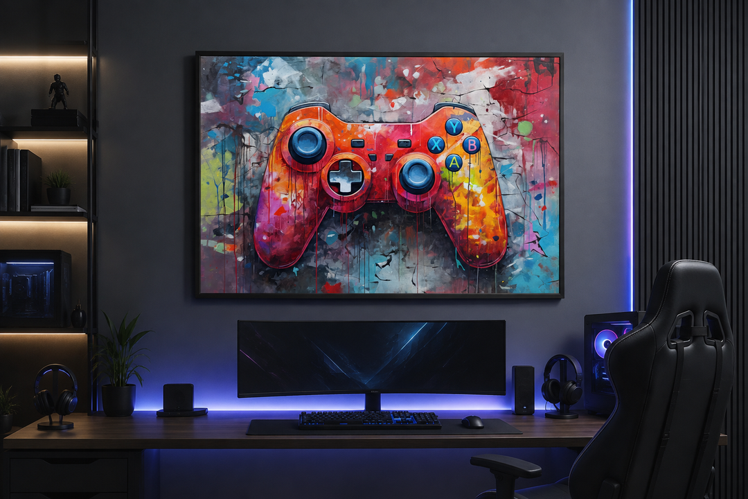 Graffiti game controller framed canvas wall art hanging above a modern gaming desk setup.