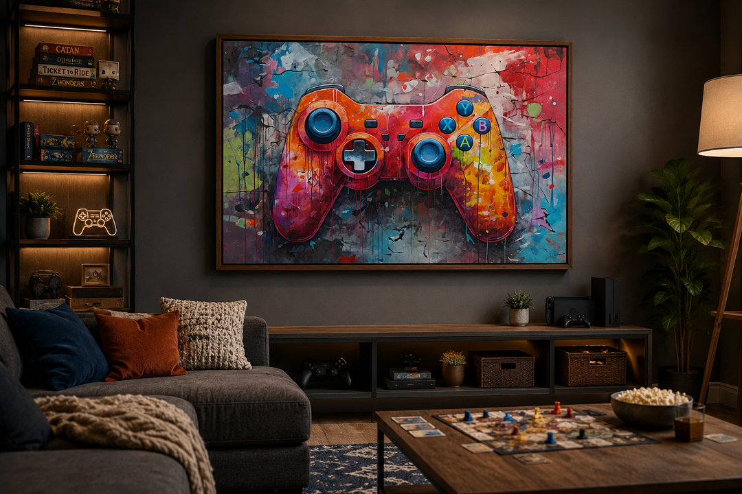Framed graffiti-style canvas wall art of a colorful game controller in a modern game room.