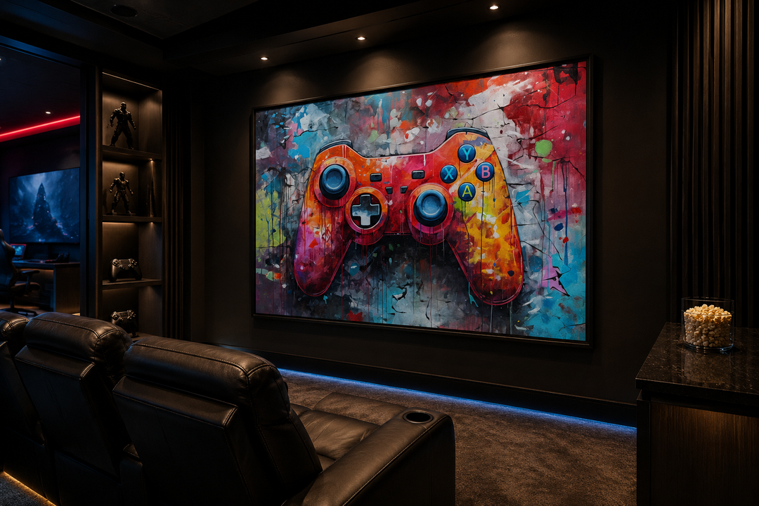 Graffiti painting of a game controller on framed canvas wall art in a modern game room.