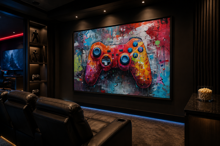 Graffiti painting of a game controller on framed canvas wall art in a modern game room.